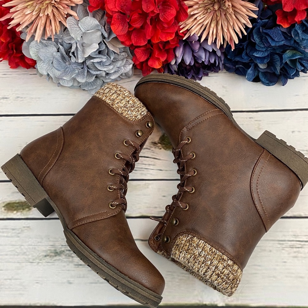 Brown Sweater Cuff Lace Up Ankle Boot - Picture 7 of 15